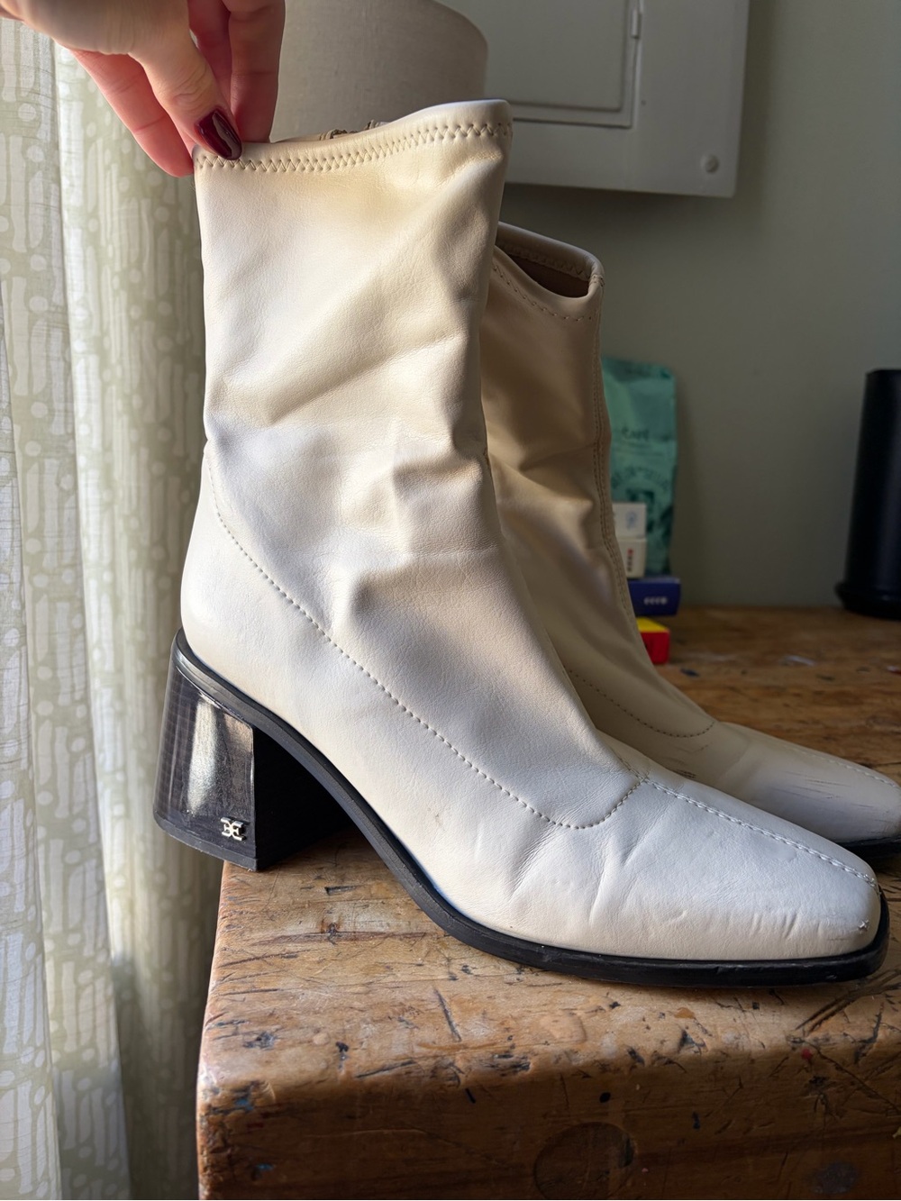 Sam Edelman Cream Leather Mid Block Heel Ankle Boots